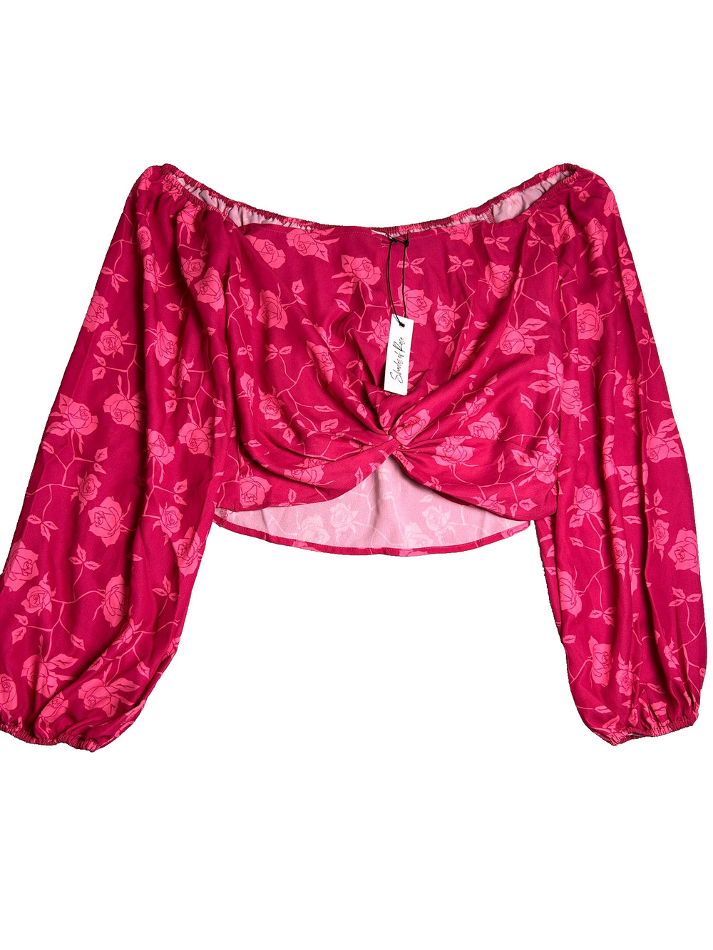 NWT Shades of Rose Off Shoulder Twist Front Crop Top Womens Large Pink Floral